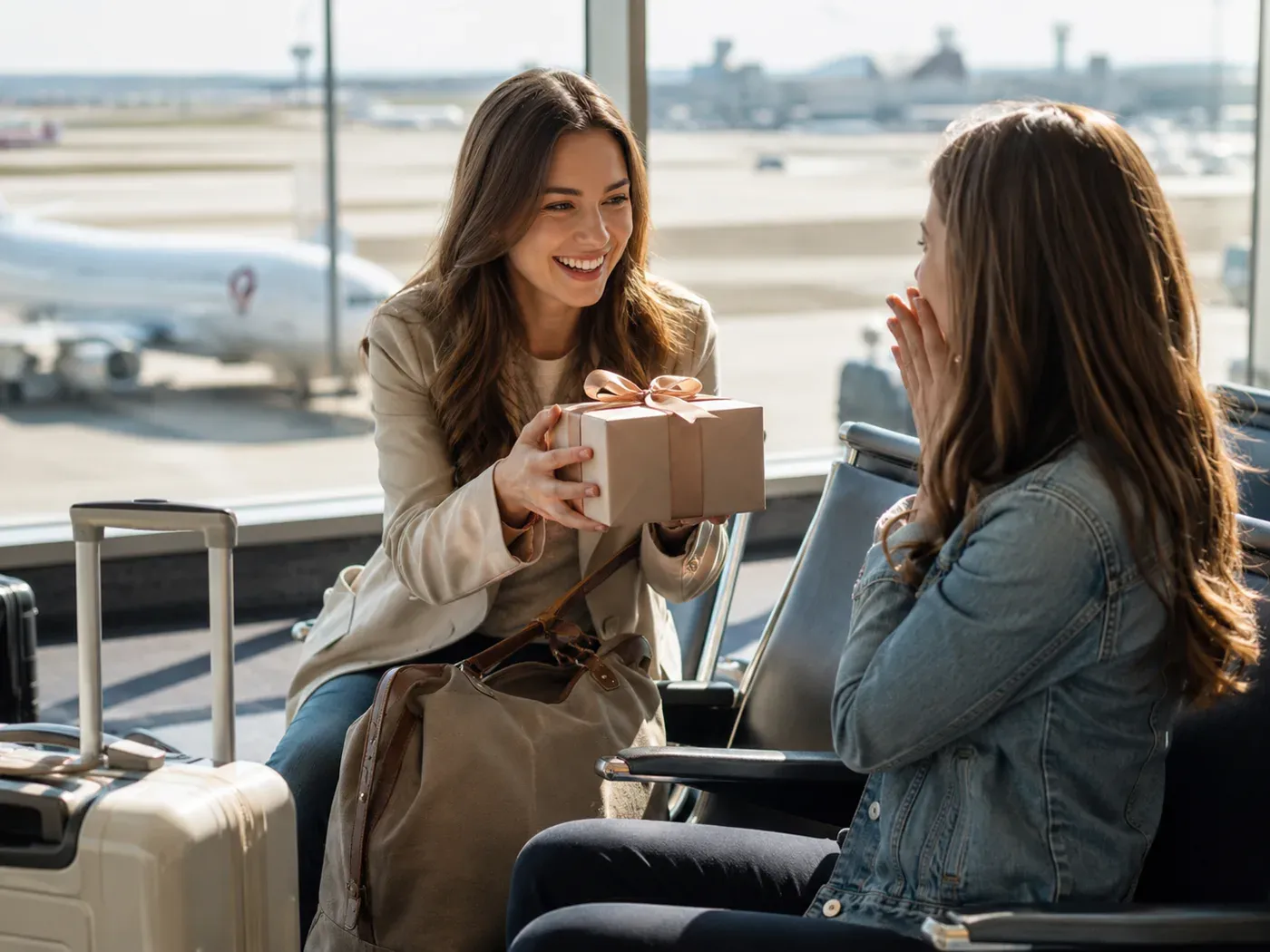 Zwei Freundinnen tauschen ein Geschenk kurz vor dem Abflug am Flughafen aus