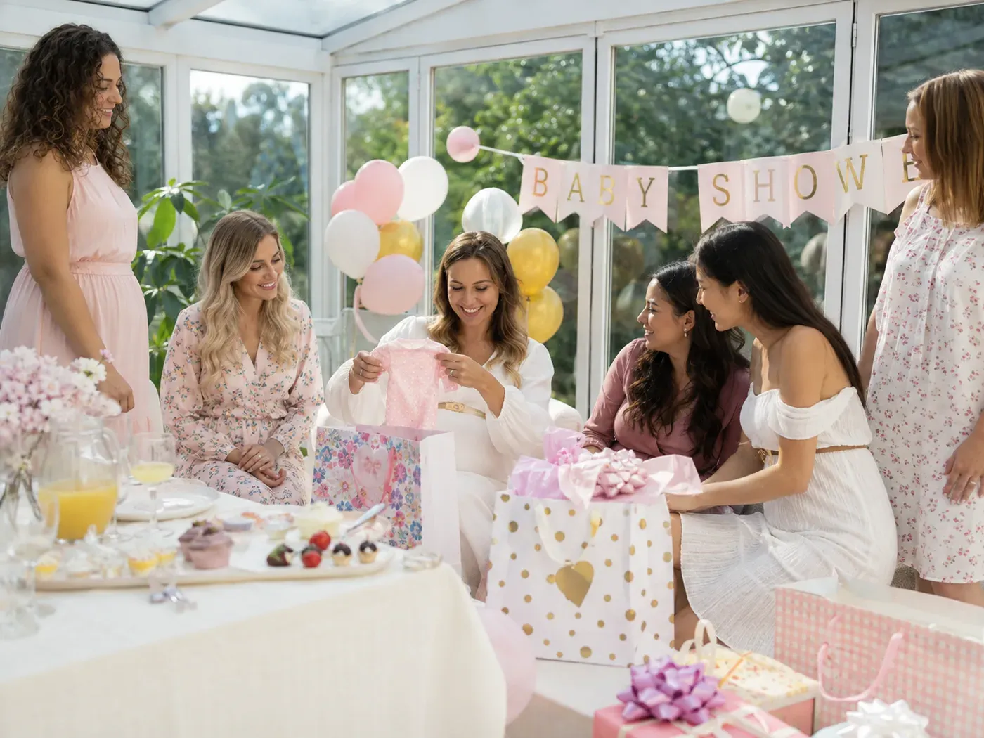 Eine schwangere Frau öffnet bei einer Babyparty ein rosa Geschenk mit Babykleidung