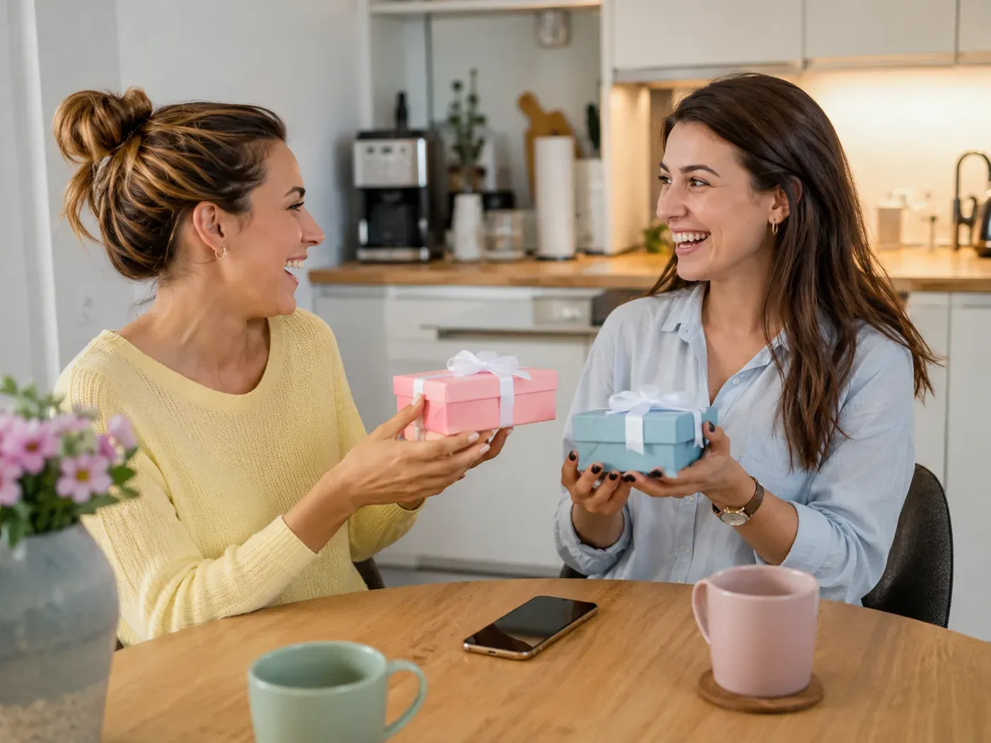 Zwei Freundinnen tauschen lächelnd Geschenke aus
