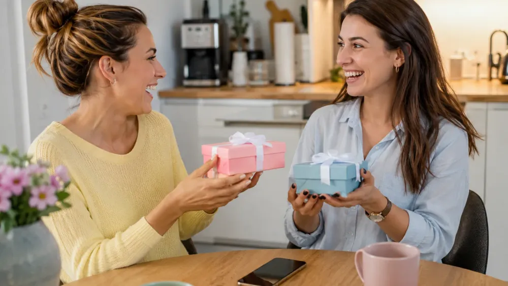 Zwei Freundinnen überreichen sich gegenseitig personalisierte Geschenke