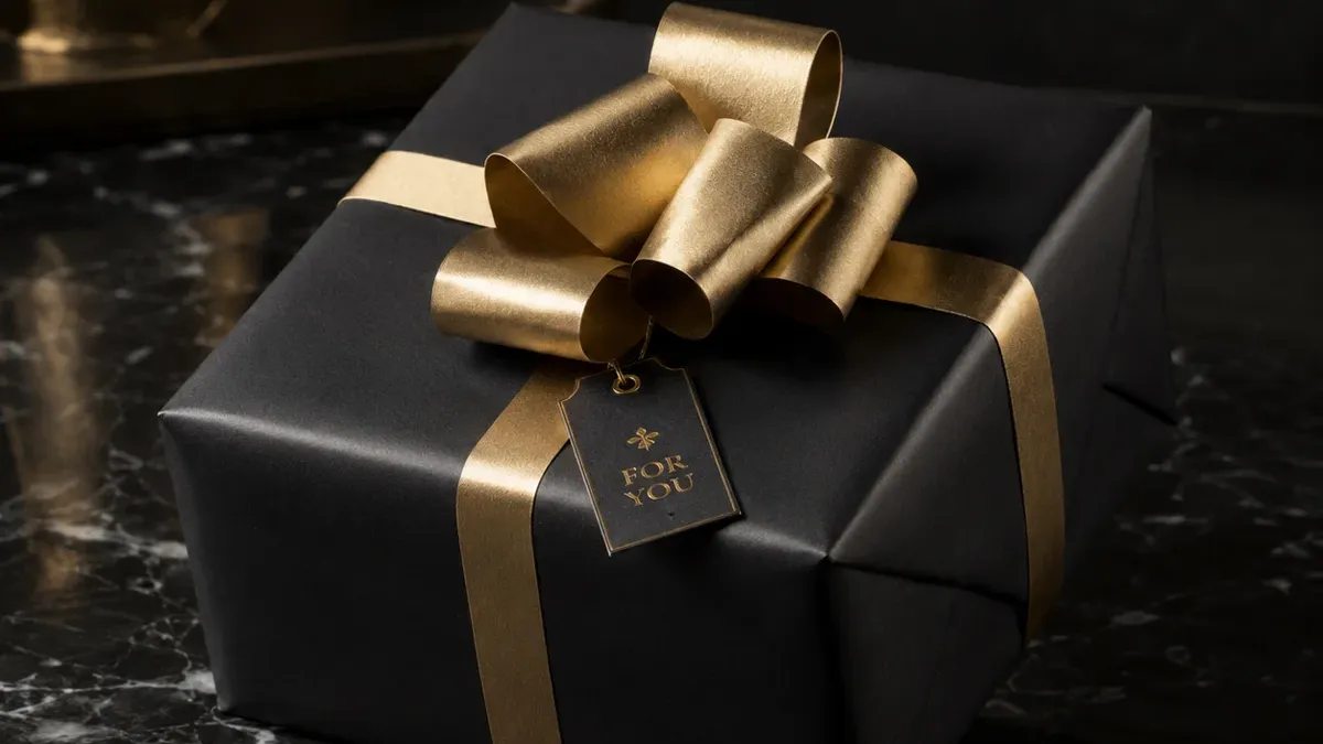 Elegant in Schwarz und Gold verpacktes Geschenk mit Anhänger 'For You'