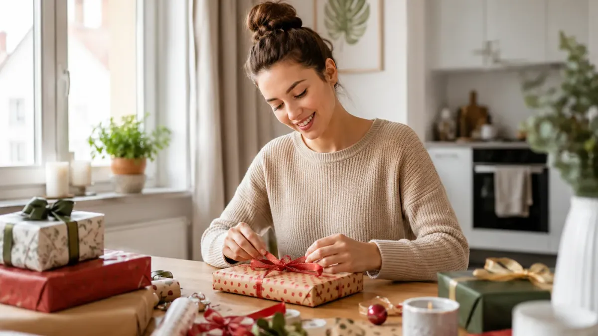 Eine Frau verpackt liebevoll ein Geschenk mit Schleife auf einem Holztisch