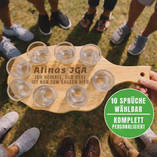 Personalisierte Shotgläser mit Brettchen und Spruch als lustiges Geschenk