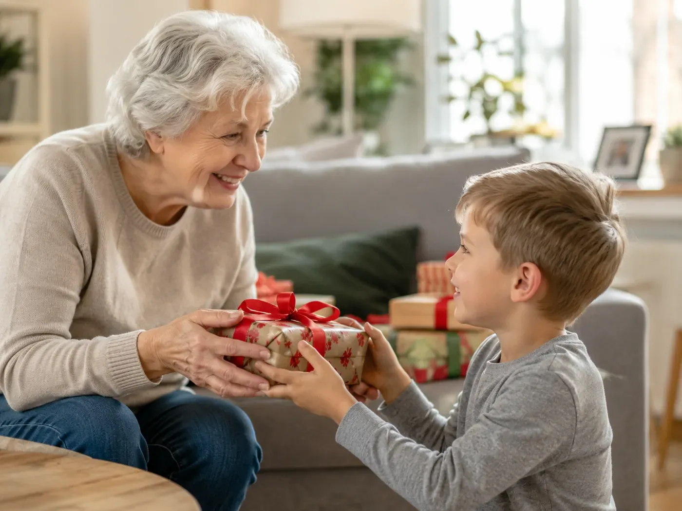 Enkel überreicht seiner Oma ein liebevoll verpacktes Geschenk