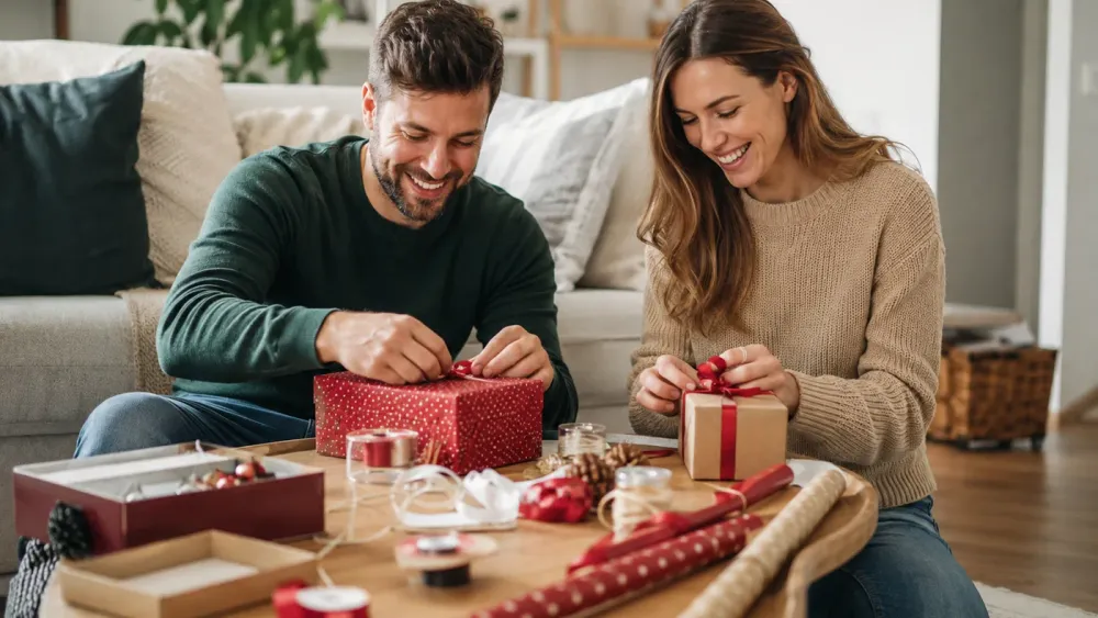 Paar verpackt gemeinsam Geschenke im Wohnzimmer